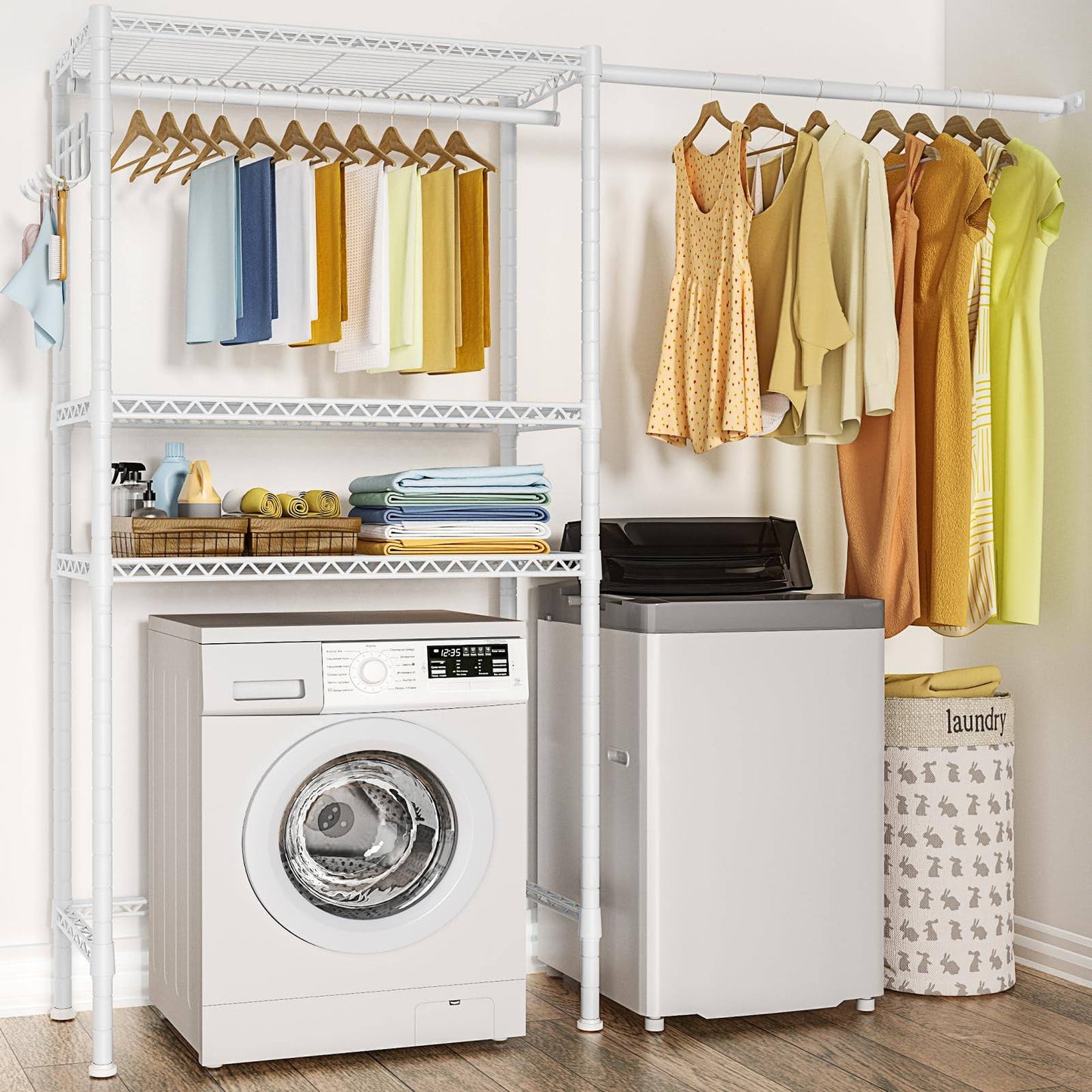 U4 Over Washer And Dryer Storage Shelf, 2 Rows Laundry Room Space Saver With Mounted On The Wall Expandable Hanger Rod, Suit Space From 4.9-6.3