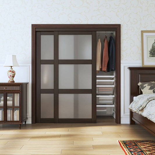 3 Lite Tempered Frosted Glass Ancient Wood Color Sliding Closet Doors With Hardware Home Worthy Size: 72 X 78.7