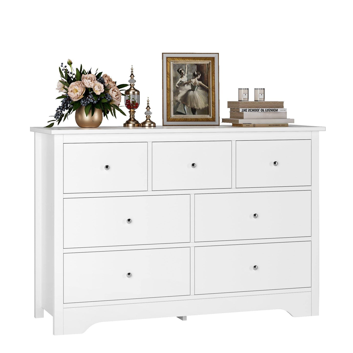 White Dresser 7 Drawer Dresser, 47.2 White Chest Of Drawers Modern Dresser With Metal Handles, White Dresser Chest Of Drawers With Large