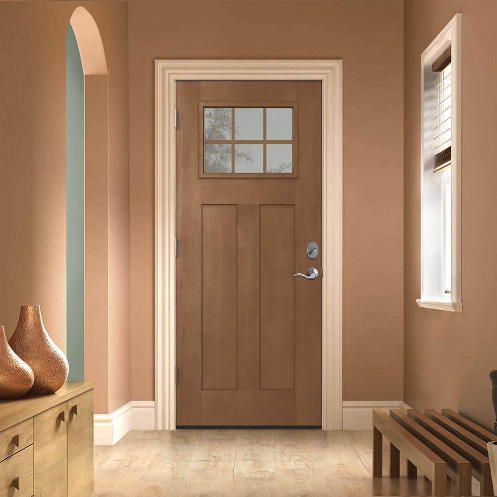 36 In. X 80 In. Craftsman 6-Lite Clear Glass Hazelnut Stain Fiberglass Prehung Front Entry Door Door Orientation