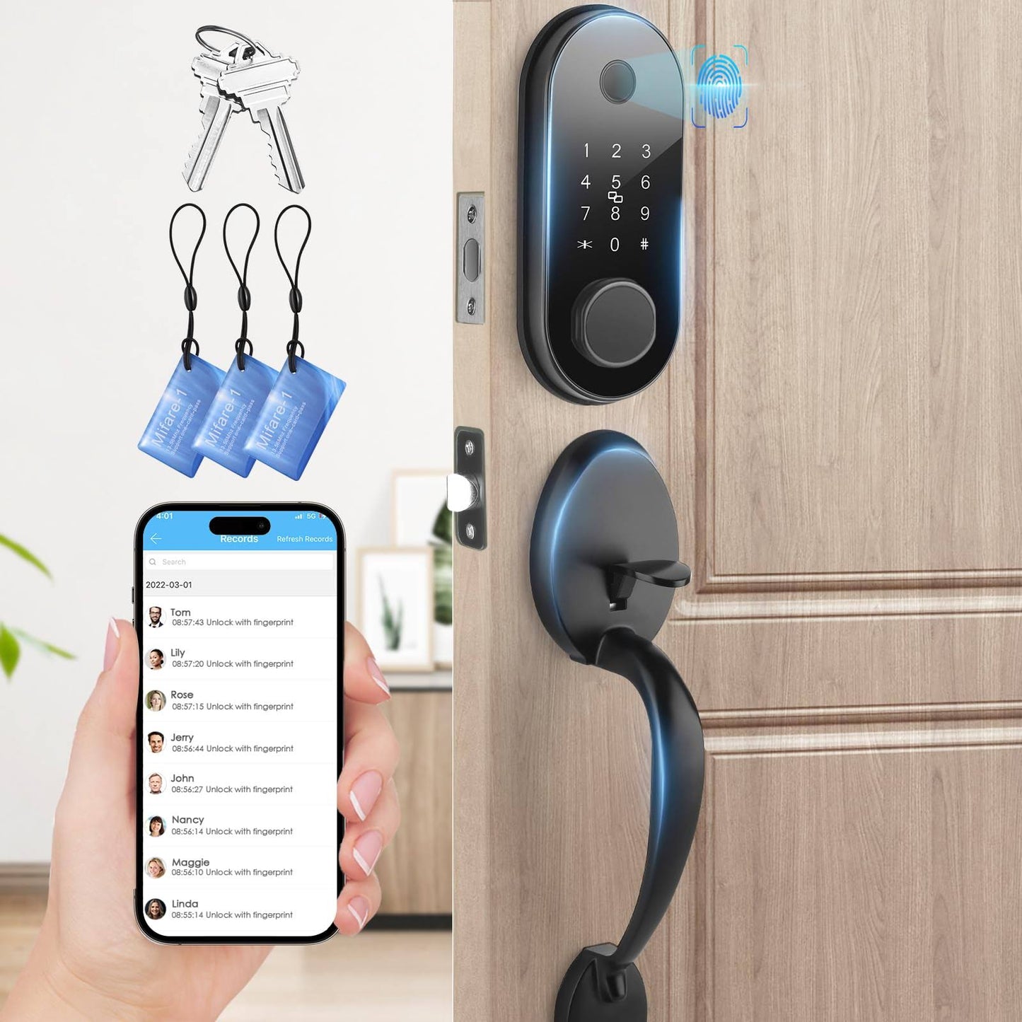 5 In 1 Fingerprint Smart Front Door Lock Set, Keyless Entry Door Lock With Handle, Touchscreen Keypad Deadbolt, Works With App,Code Door Lock, Easy