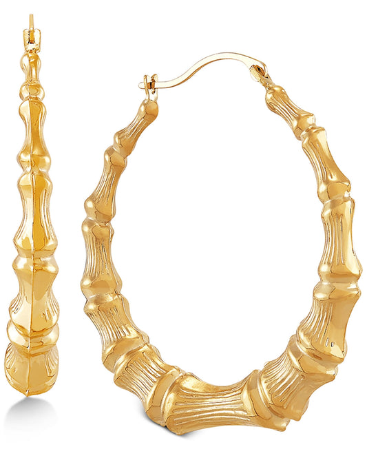 10k Gold Bamboo Hoop Earrings Womens