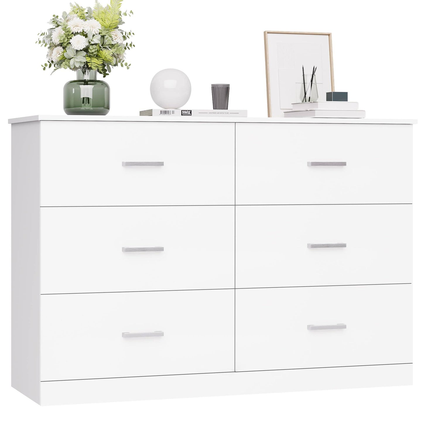 White Dresser, 47.2 Large 6 Drawer Dresser Wide Chest Of Drawers For Tv Stand, Modern Dresser White Floor Storage Drawer Cabinet For Home