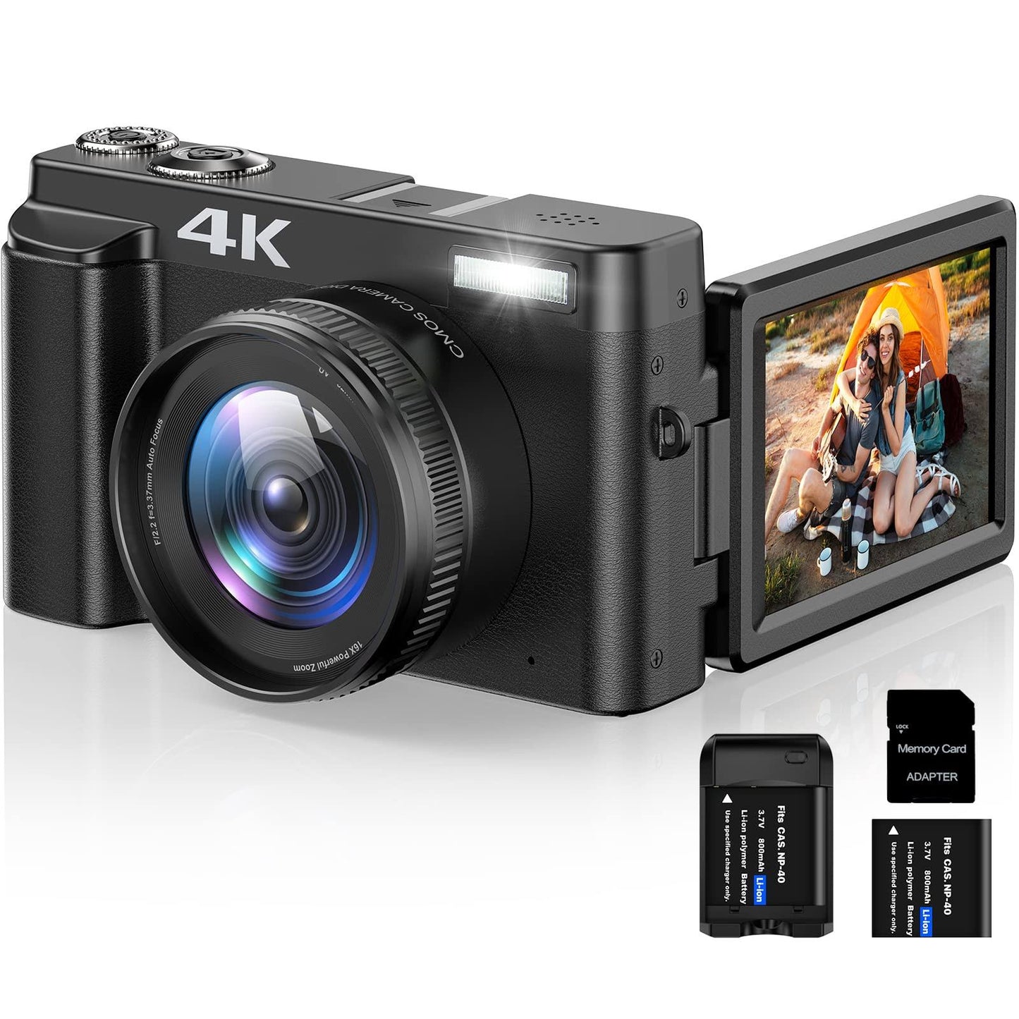 4k Digital Camera For Photography Autofocus 16x Digital Zoom, 48mp Vlogging Camera With 32gb Sd Card, 3 180° Flip Screen Compact Camera,2 Batteries