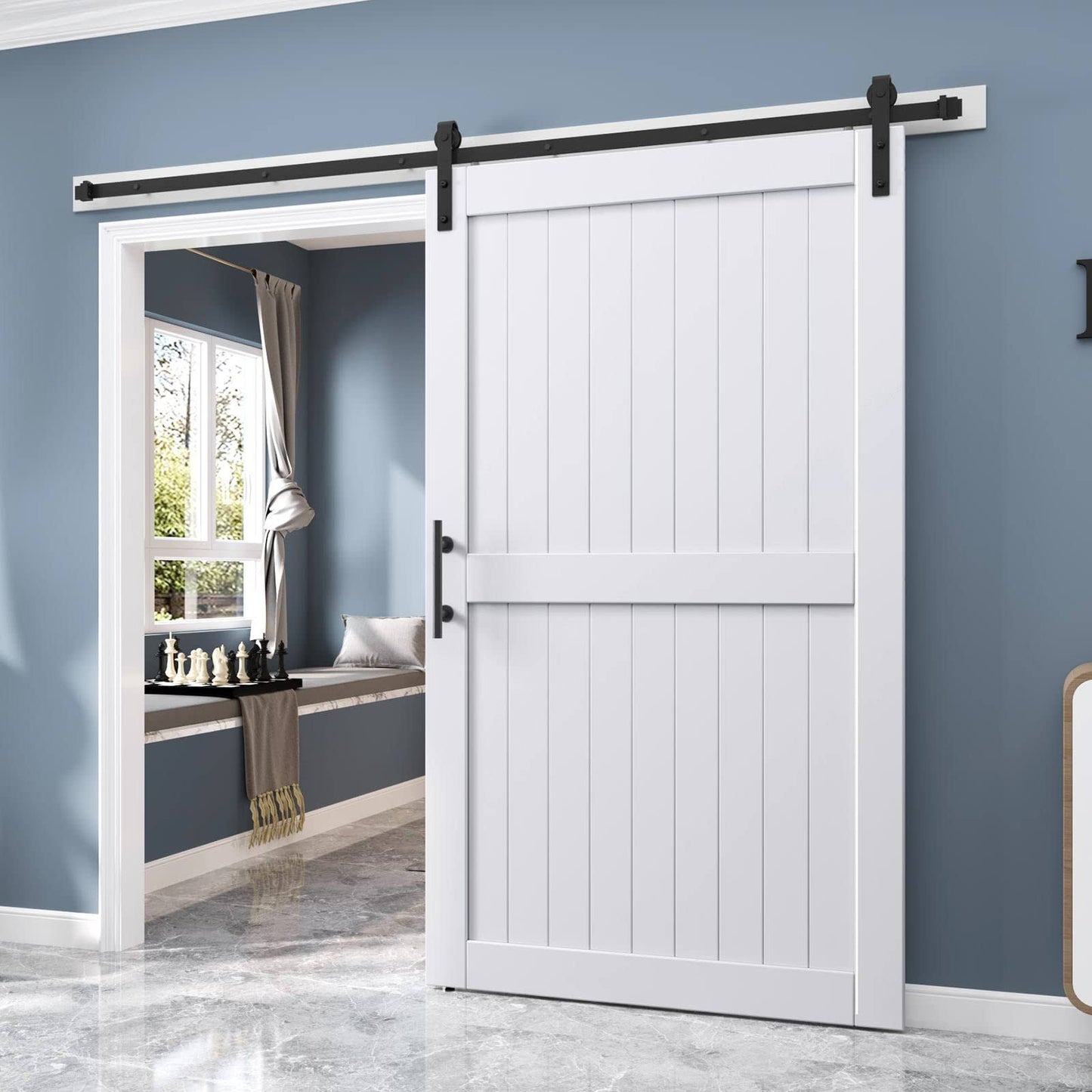 48in X 84in Sliding Barn Door With 8ft Barn Door Hardware Track Kit Included,Solid Mdf Inside Covered With Water-Proof Pvc Surface,White,H