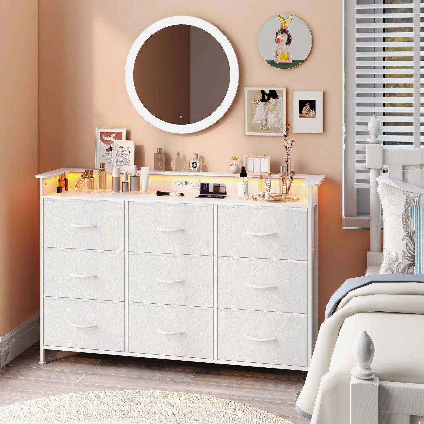 White Dresser With Led Light For Bedroom 9 Drawer Dressers With Charging Station Chests Of Drawers For Entryway Closet Living Room Hallway