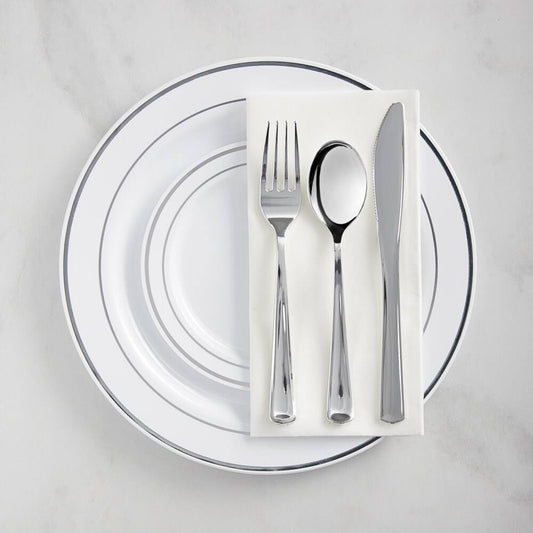 120 Settings Of Banded Plastic Dinnerware And Flatware - 120/Case