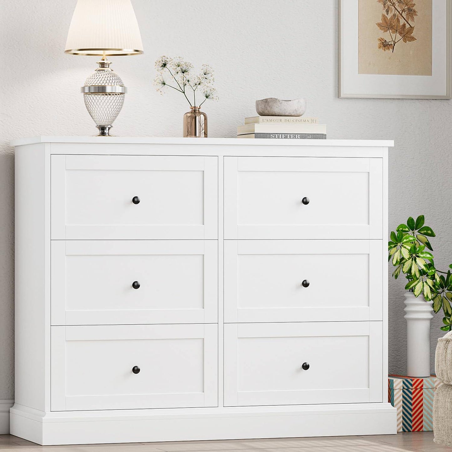 White Dresser, 6 Drawer Dresser White, Modern Double Chest With Deep Drawers, Wide Storage Organizer Cabinet For Living Room Home