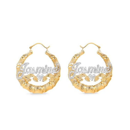 Two-Tone Bamboo Name Hoop Earrings In Sterling