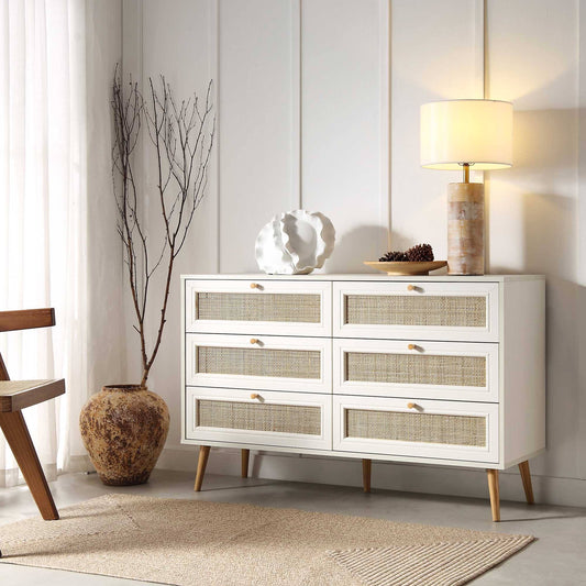 Woven Rattan 6 Drawer Dresser, White - Daals - Chest Of Drawers