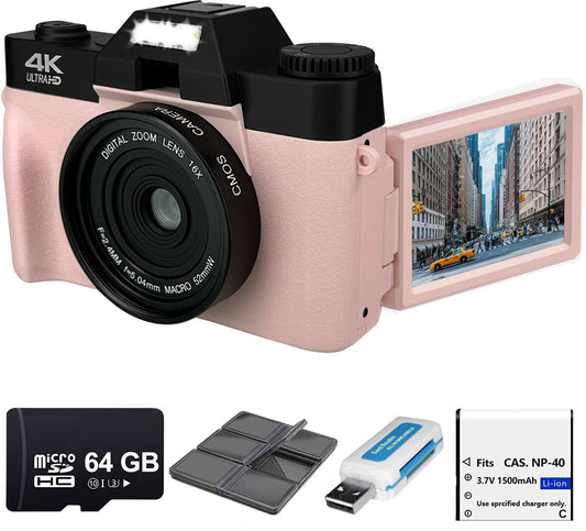 4k 48mp Digital Camera For Photography, Vlogging Camera For Youtube With 3180° Flip Screen, Wifi, 16x Zoom, Rechargeable Battery, 64gb