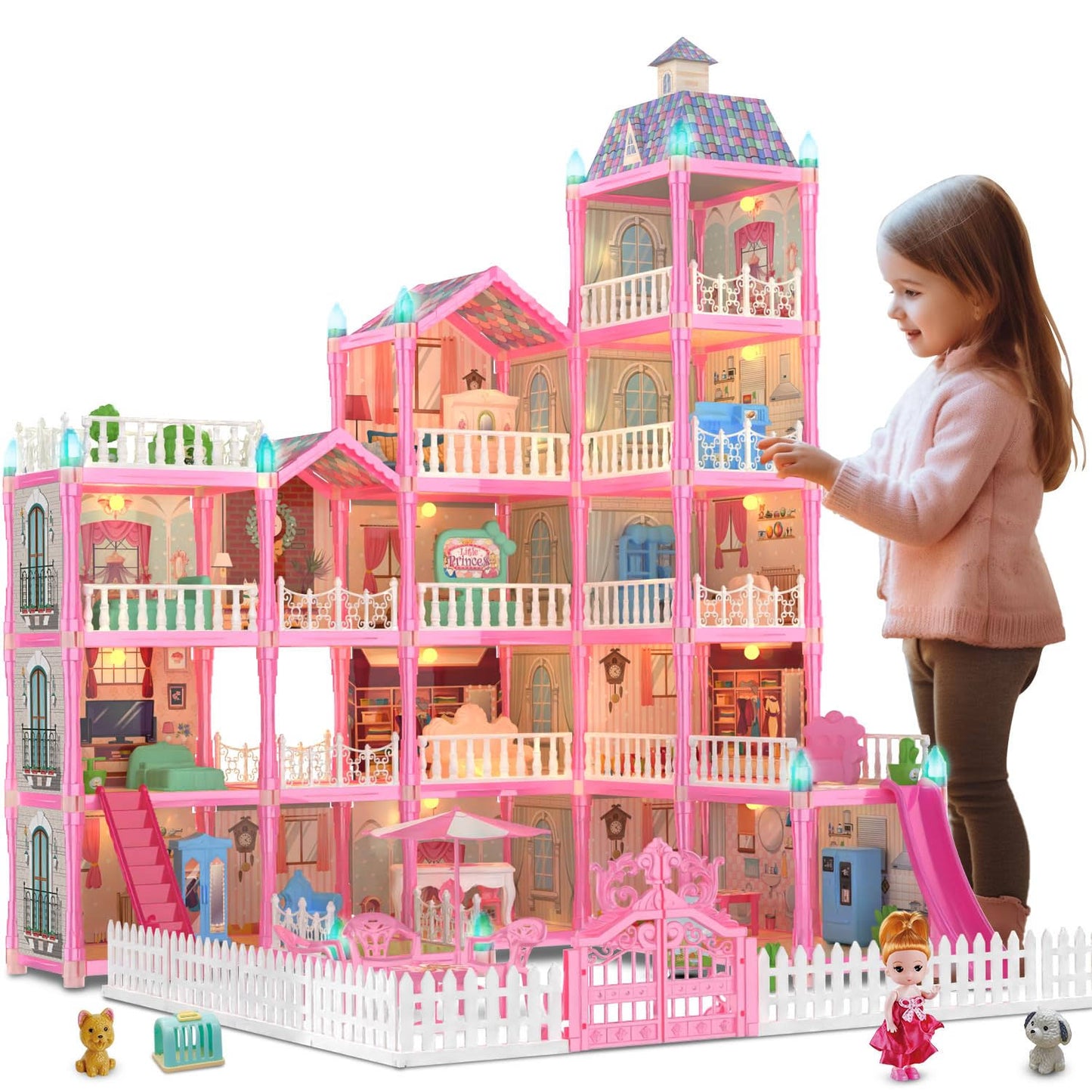 (15 Rooms) Joyzin 374pcs Doll House Dreamhouse For Girls, Princess Playhouse With Lights Dolls Furniture Accessories Pretend Play Dream House Toys