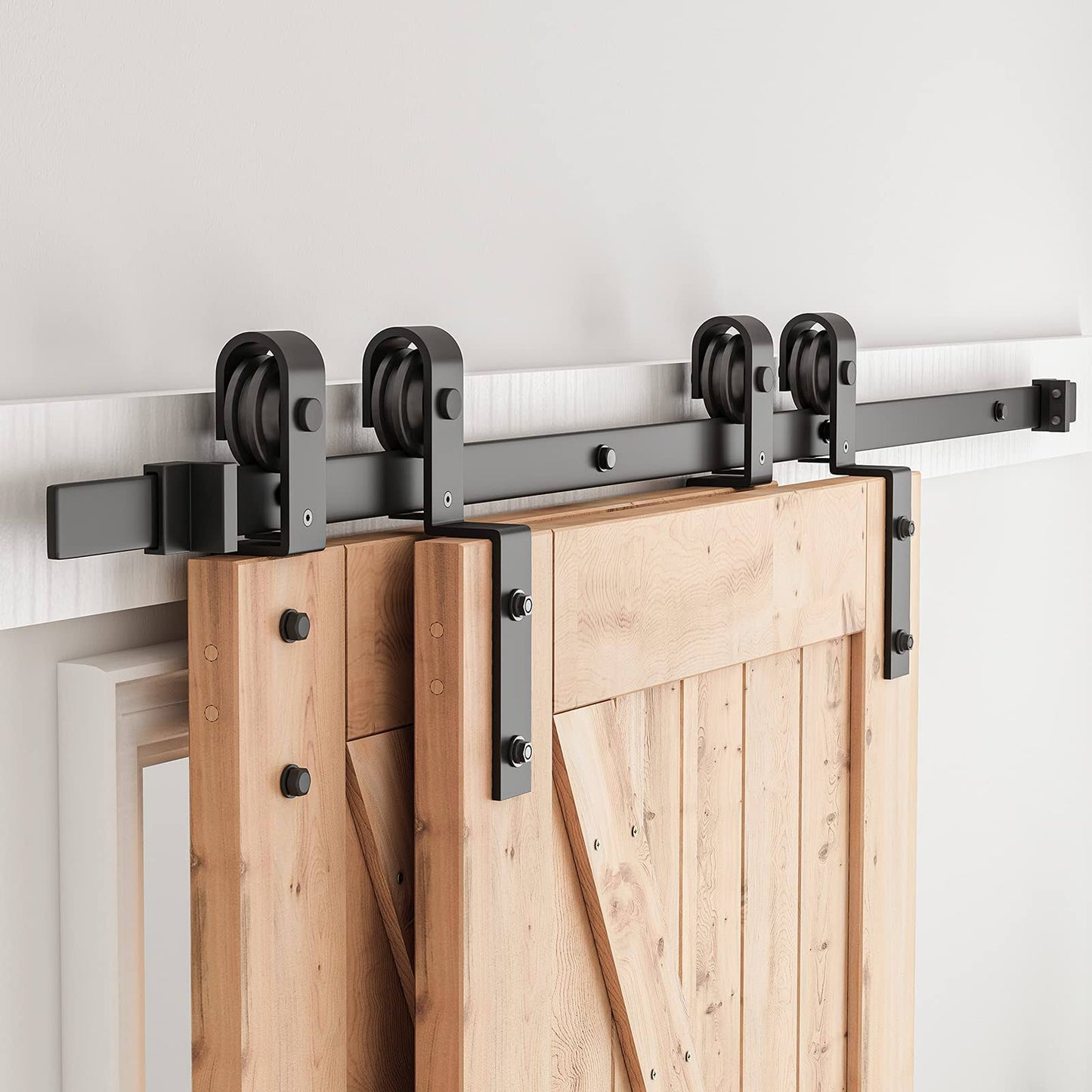 5.5 Feet Bypass Sliding Barn Door Hardware Kit - For Double Wooden Doors-Single Track - Smoothly & Quietly - Easy To Install-Fit 54