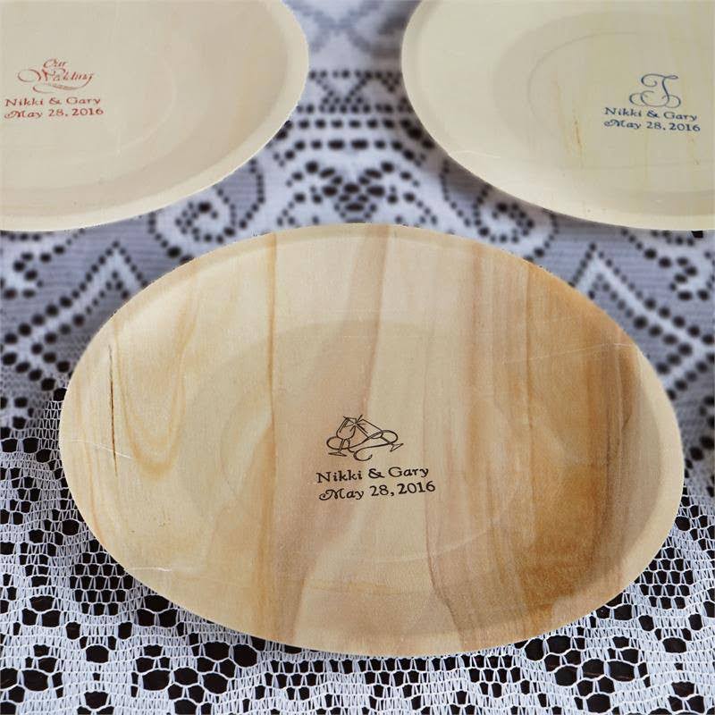 100 Pack Personalized Birchwood Dinner Plates, Eco Friendly Wedding Favors With Large Emblem 8.5 By Efavormart