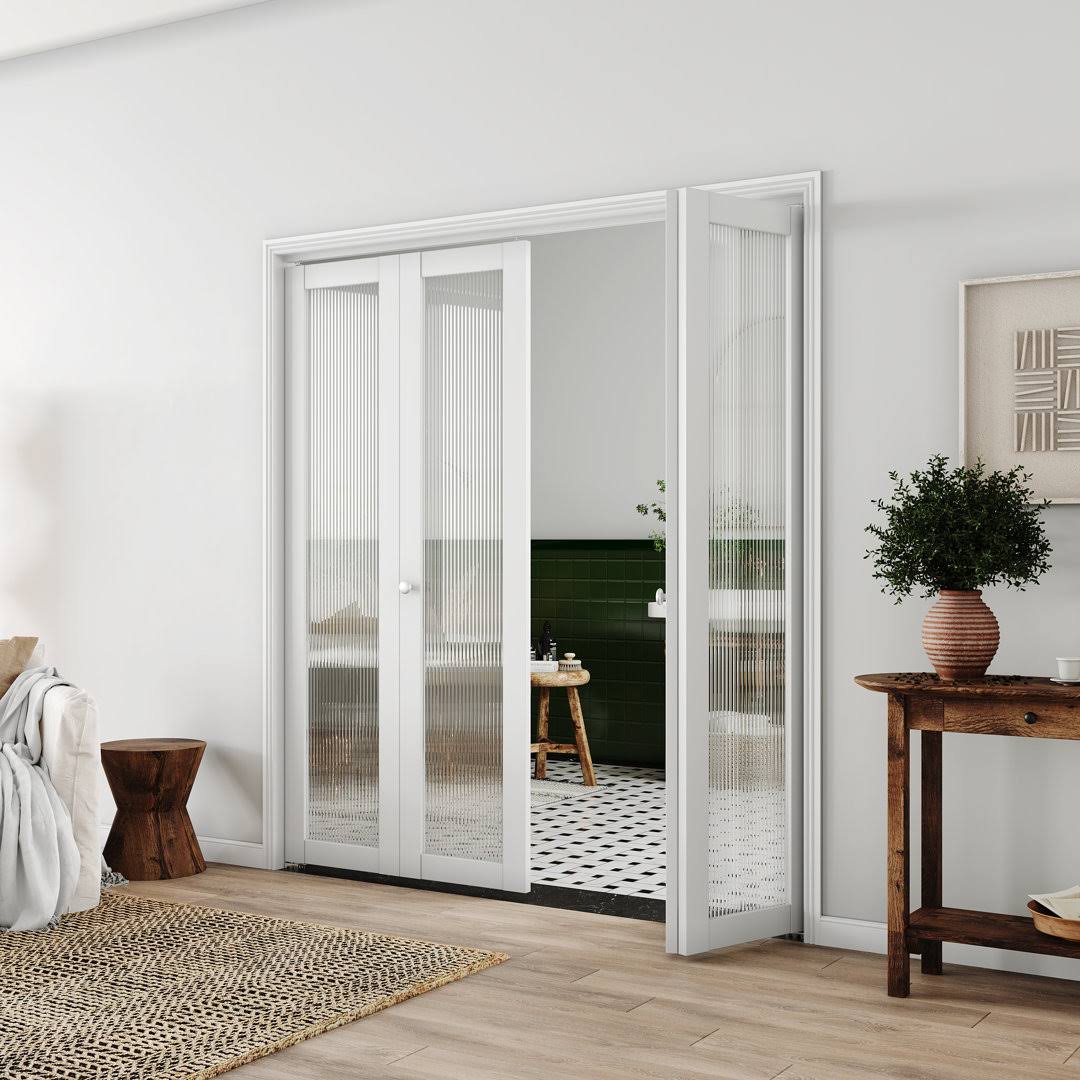 1 Lite Reeded Glass Double Folding Doors Prefinished Manufacture Wood Bi-Fold Doors Chic Mode Size: 72 X 80