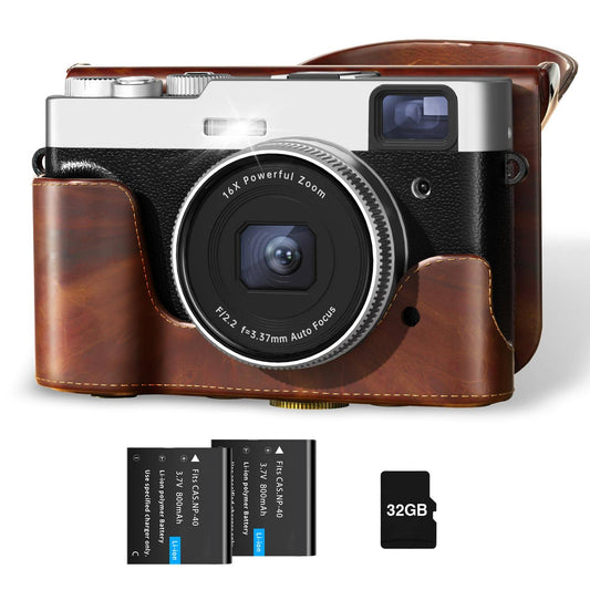 4k Digital Camera With Leather Case, 48mp Vlogging Cameras For Photography And Video With Viewfinder, Point And Shoot Camera For Youtube