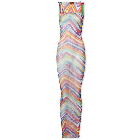 Womens Cutout Printed Mesh Maxi Dress