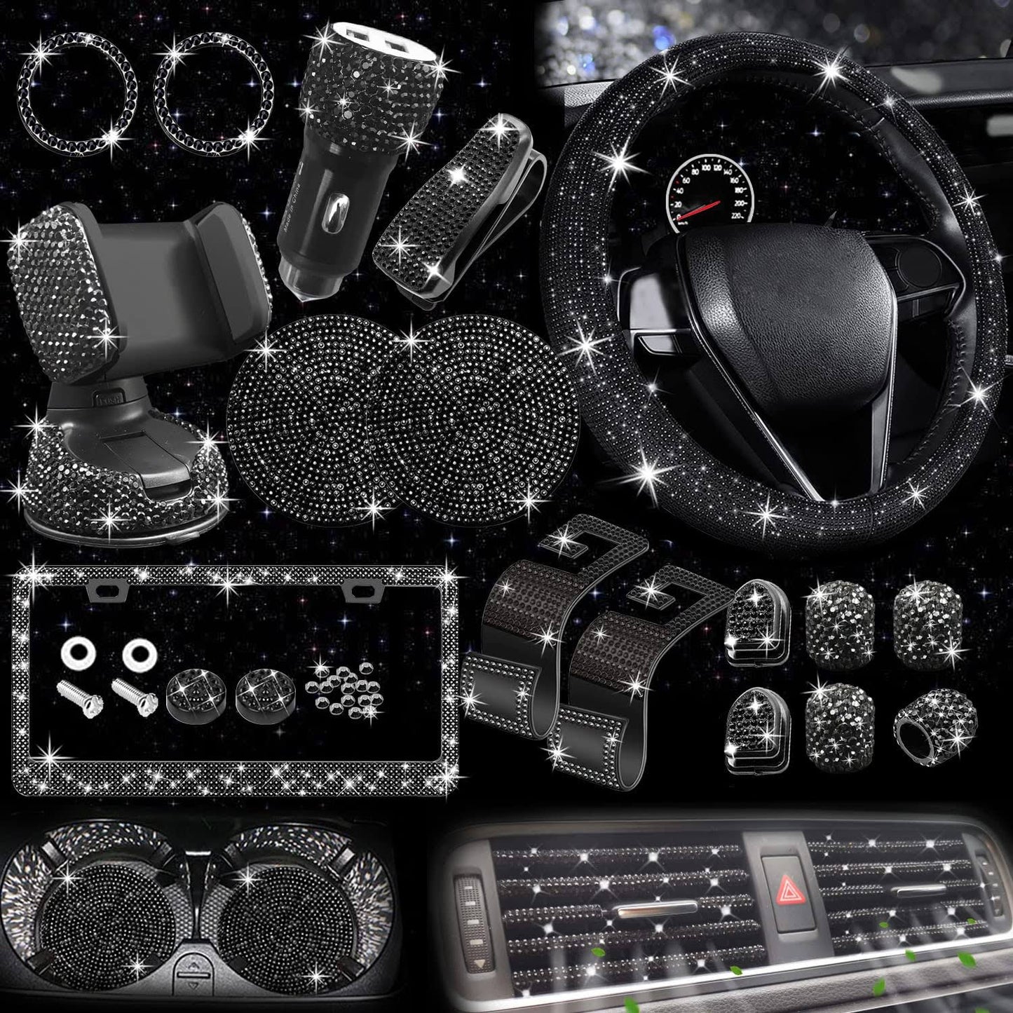 27 Pcs Bling Car Accessories Set For Women, Bling Steering Wheel Covers Universal Fit 15 Inch, Bling License Plate Frames, Bling Car Phone Holder