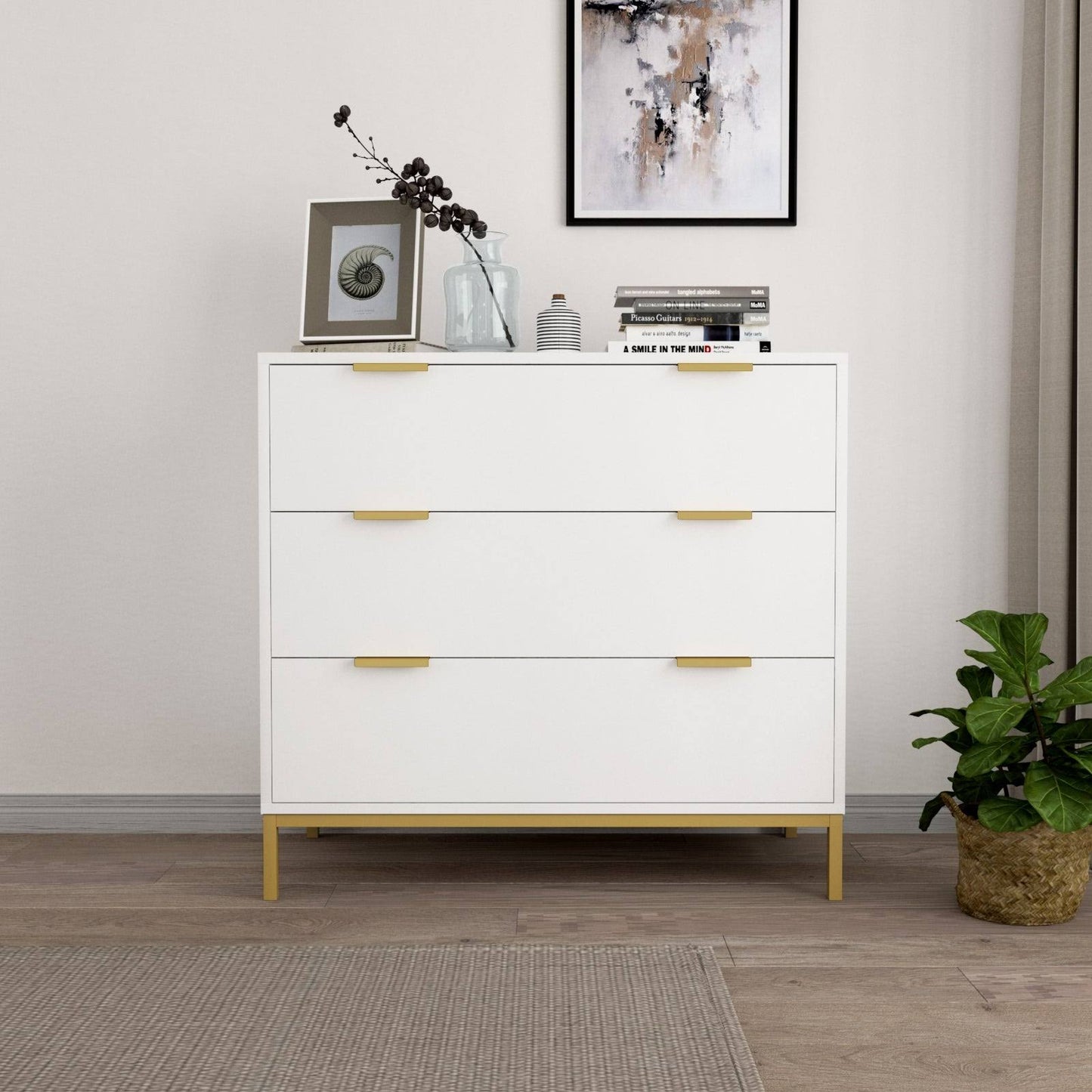 3-Drawer White Chest Of Drawers With Gold Metal Legs Mid Century Modern Dresser