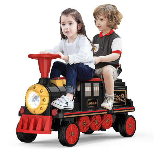 2-Seater Ride On Train Trackless, 12v Ride On Toy With Height-Adjustable Seat, Extra Storage, Headlight, Train Whistle & Music, Electric Car