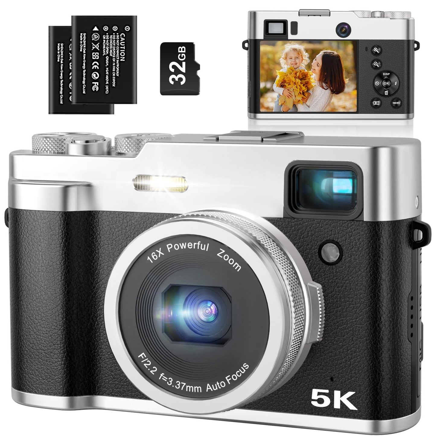 5k Digital Camera For Photography Autofocus 48mp Vlogging Camera For Youtube 16x Digital Zoom Point And Shoot Cameras With Sd Card, 2 Batteries,