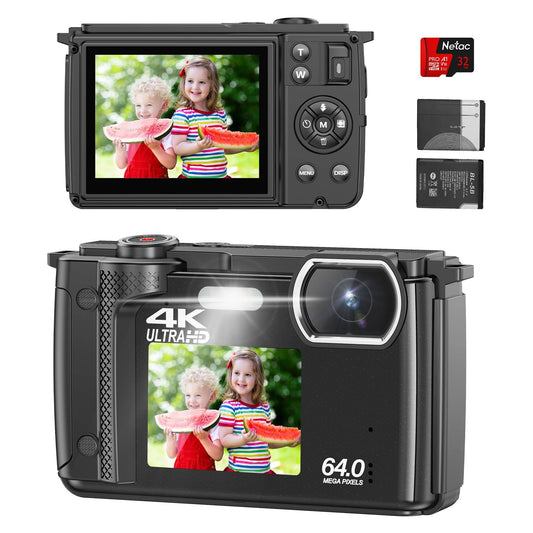 4k 64mp Digital Camera For Photography, Compact Vlogging Camera For Youtube With Auto Focus, Selfie Screens,32gb Sd Card,Point&Shoot Camera With