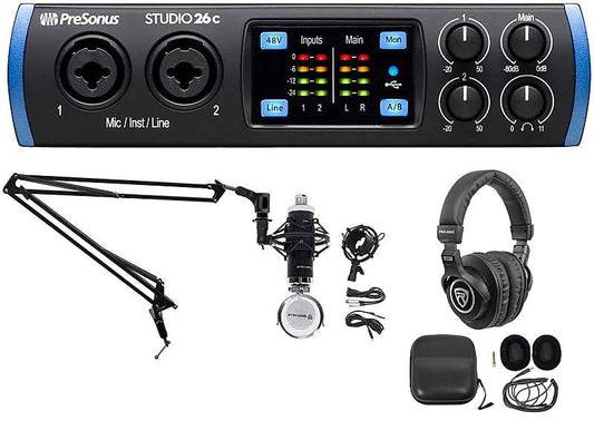 Studio 26c Usb-C Audio Interface Bundle With Sr350 Headphones, Blucoil 2x 10-Ft Balanced Xlr Cables, 2x 10 Instrument Cable, Pop Filter, 6