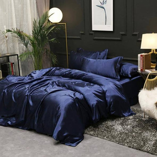 4pcs Super Soft Luxury Silk Bedding Set(1 Flat Sheet+1 Quilt Cover+ 2 Pillowcase), Dark Blue / Twin