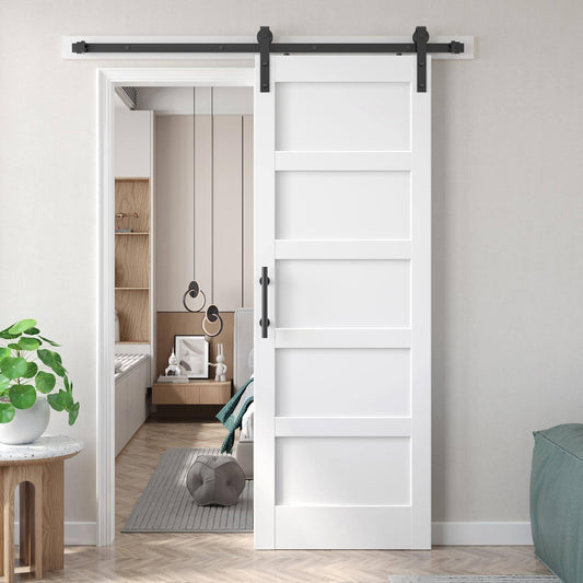 32x84 Inch White Barn Door With 5.5ft Sliding Door Hardware Kit Included & Handle,Solid,Mdf,Pvc Surface,Diy Assembly,5-Panel