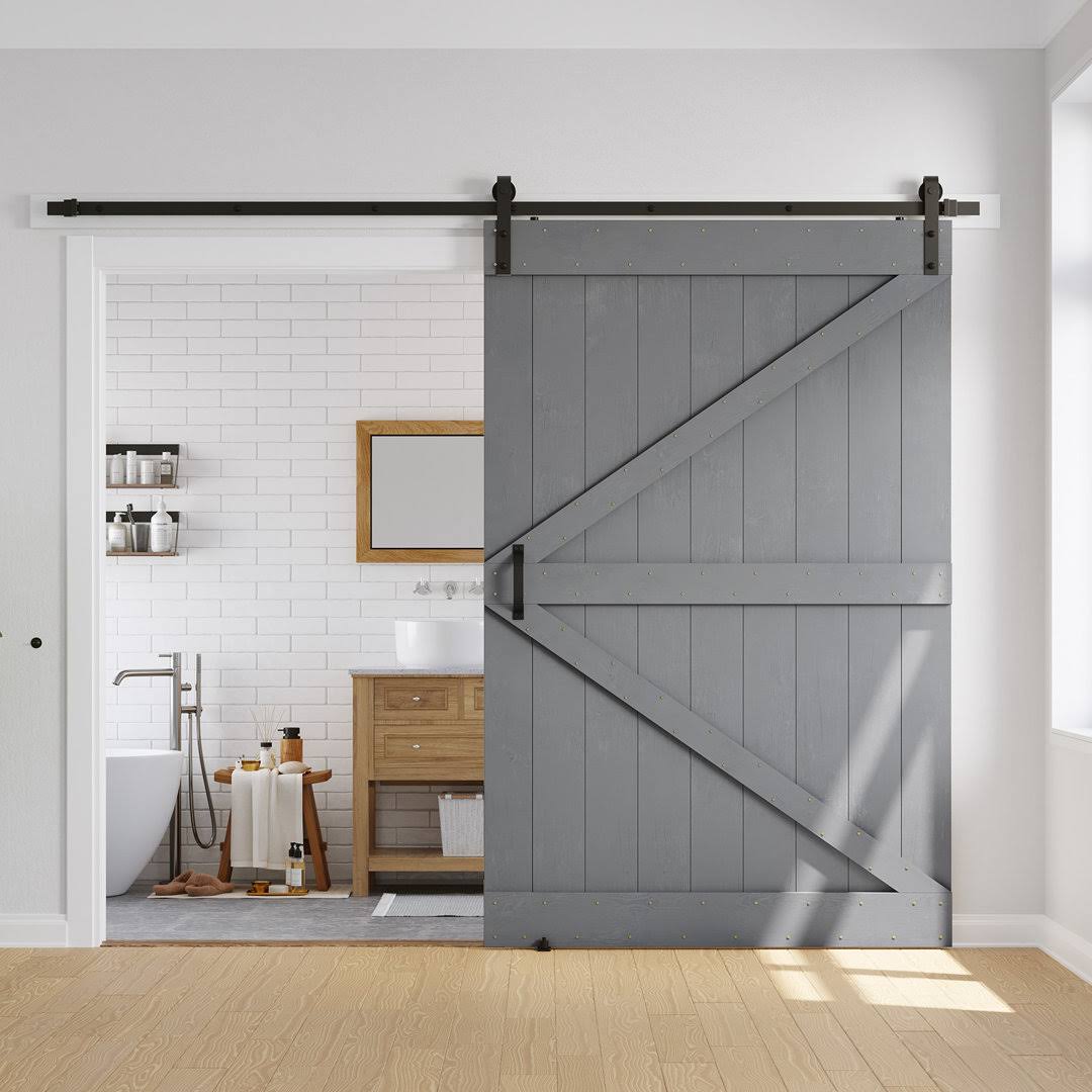 Wood Paneled Barn Door With Installation Hardware Kit Ldb_Building Size: 40 X 84, Finish: Gray