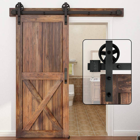 5-16ft Single Wood Sliding Barn Door Hardware Basic Black Big Spoke Wheel Roller Kit Garage Closet Carbon Steel Flat Track System (12ft)