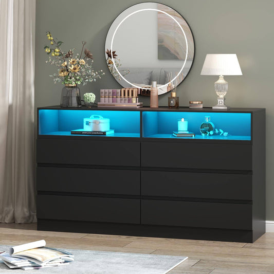 6 Drawer Double Dresser With Power Outlet, Accent Chests Of Drawers With Led Light, Modern Storage Dresser For Bedroom, Living Room (Black)