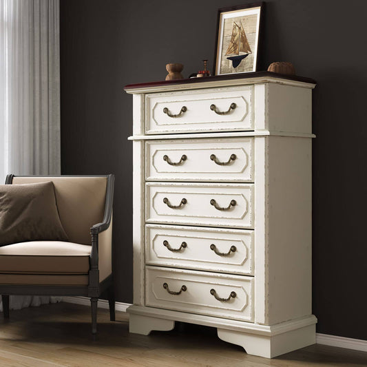 5 Drawer Chest Dresser For Bedroom Two-Tone Chipped