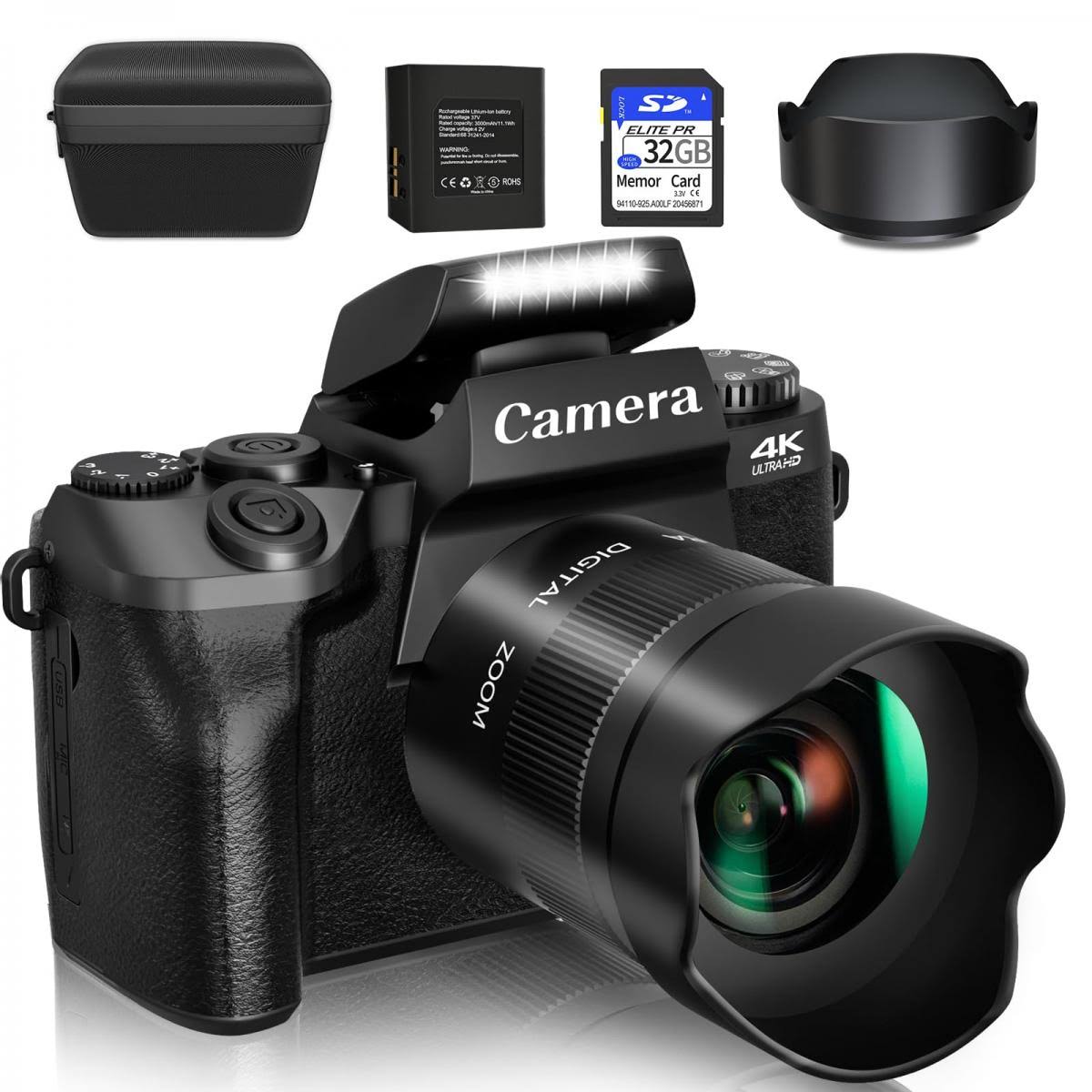 4k 64mp Digital Camera For Photography, Video, Youtube Vlog, 4 Wifi Touch Screen With Flash, 32gb Sd Card, Lens Hood, 3000mah Battery