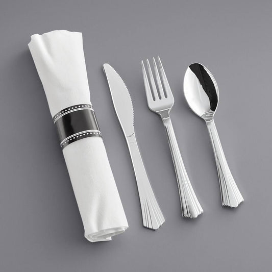 17 X 17 Pre-Rolled Linen-Feel White Napkin And Silver Heavy Weight Plastic Cutlery Set - 100/Case