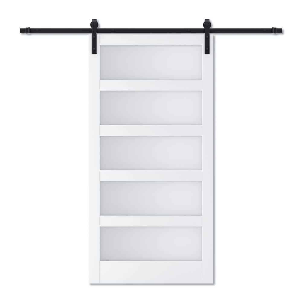 42 In. X 84 In. 5 Equal Lites With Frosted Glass White Mdf Interior Sliding Barn Door With Hardware Kit