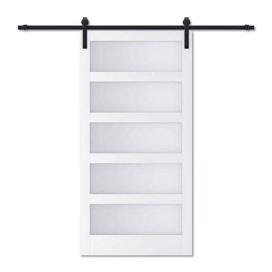 42 In. X 84 In. 5 Equal Lites With Frosted Glass White Mdf Interior Sliding Barn Door With Hardware Kit