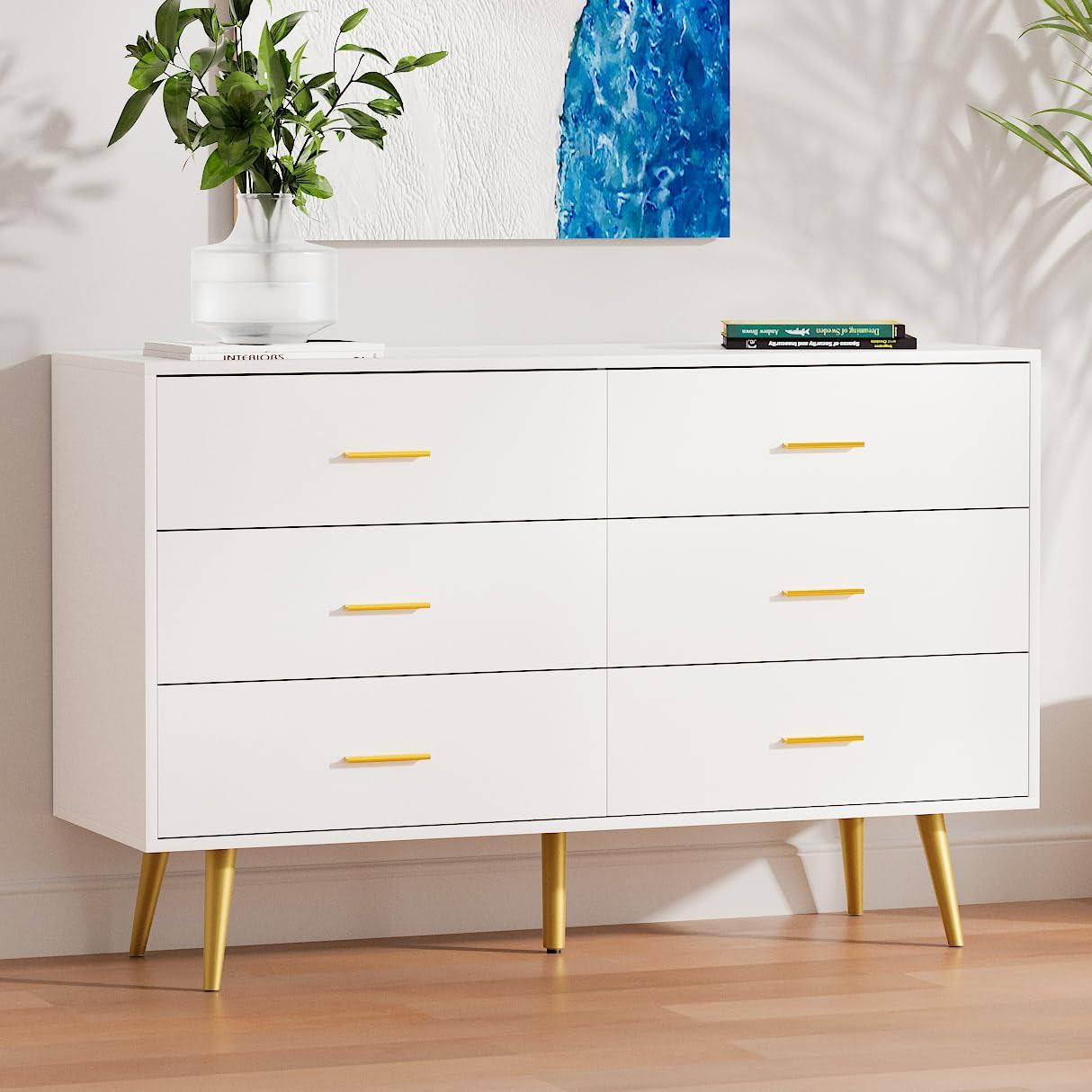 White Dresser For Bedroom Modern 6 Drawer Dresser With Gold Handles