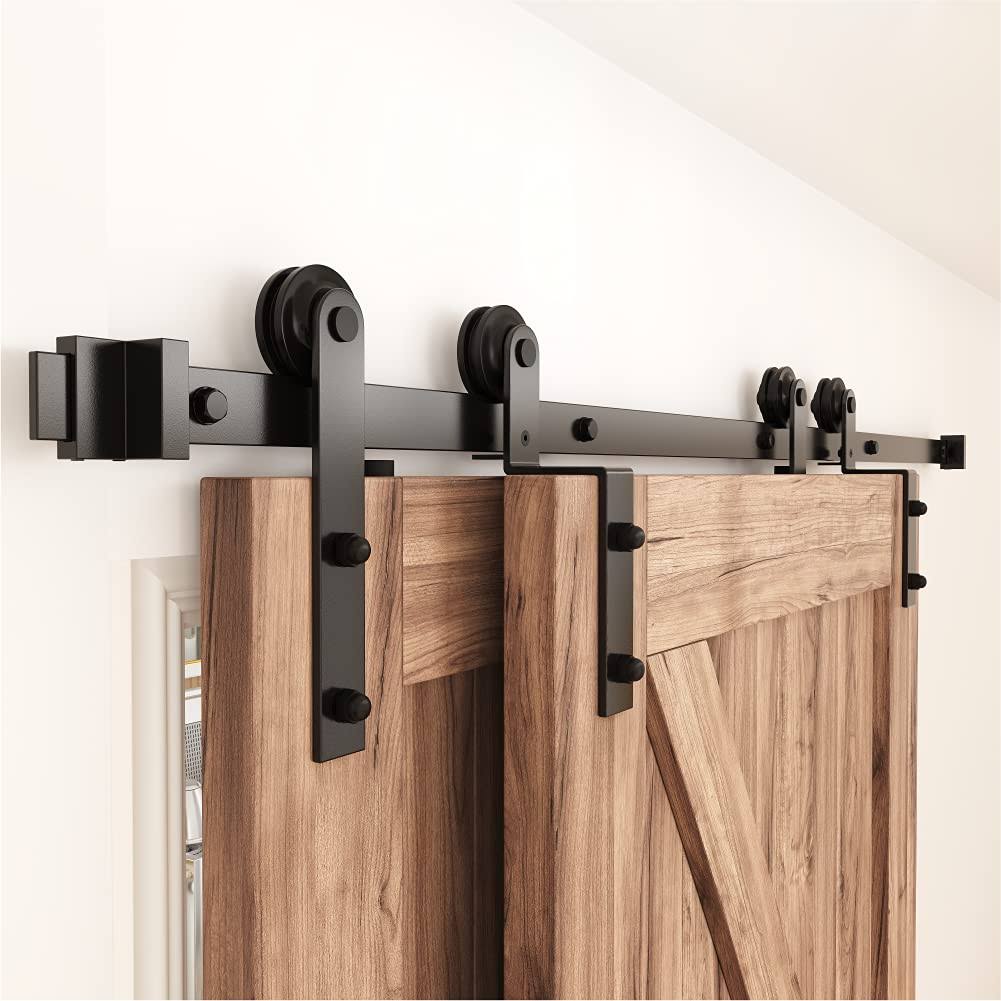 5.5 Ft Bypass Sliding Barn Door Hardware Kit, Single Track, Double Wooden Doors Use, Flat Track Roller, One-Piece Rail Low Ceiling (5.5ft